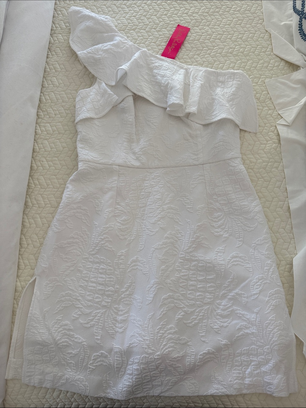 Lilly Pulitzer White One-Shoulder Ruffle Jacquard Dress